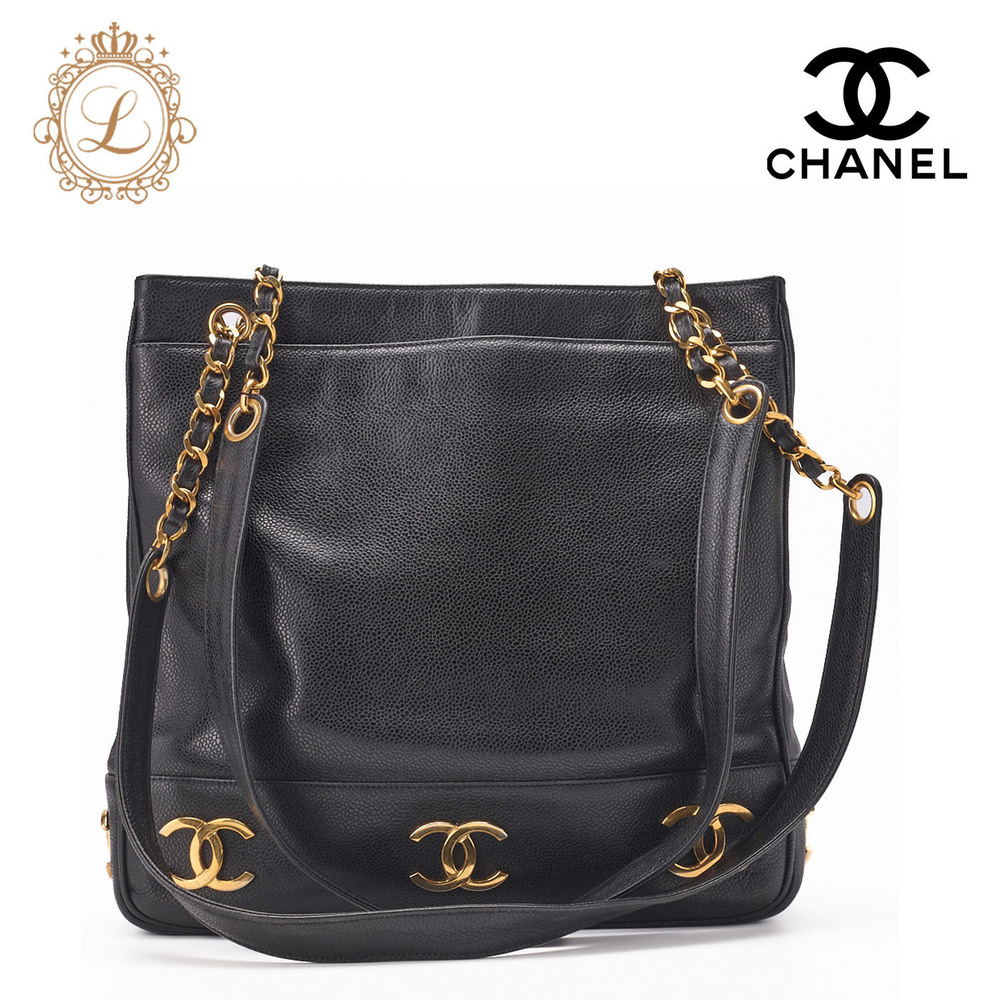 Chanel Triple Coco Shoulder Tote Bag Double Chain Strap Black Caviar